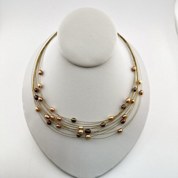 Honora Pearl Necklace Illusion Wire Gold Tone Peach Brown Oval Multi Strand Box - Picture 11 of 14